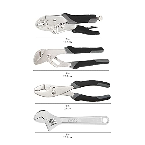 Amazon Basics 4-piece Plier and Wrench Set with 7-Inch Locking Plier, 8-Inch Slip-joint Plier, 8-Inch Groove Joint Plier, and 8-Inch Adjustable Wrench