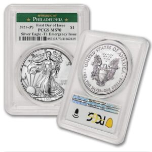 2021 (p) 1 oz american silver eagle ms-70 (ms70 - struck at philadelphia - t-1 - covid emergency issue - first day of issue) $1 mint state pcgs