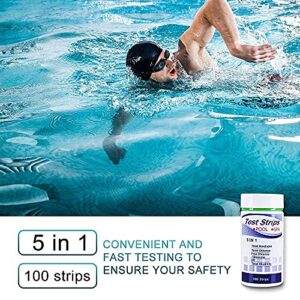 SuperCheck 5-in-1 Test Strips for Testing Chemicals Content in Pool and Spa, 6 Parameters, 100 Count, Swimming Water Test Kits for Hardness, Chlorine, Bromine, pH and Alkalinity, Pool Water Tester