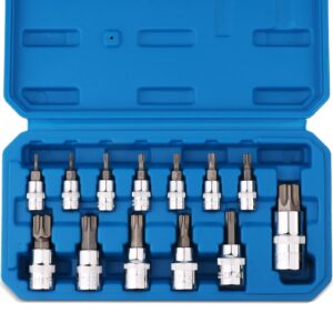ptstel 13pcs torx bit socket set t8-t70 crv star sockets 1/4-inch, 3/8-inch & 1/2-inch drive for hand use work on cars, trucks, appliances, lawn equipment, machinery, and other jobs with storage case