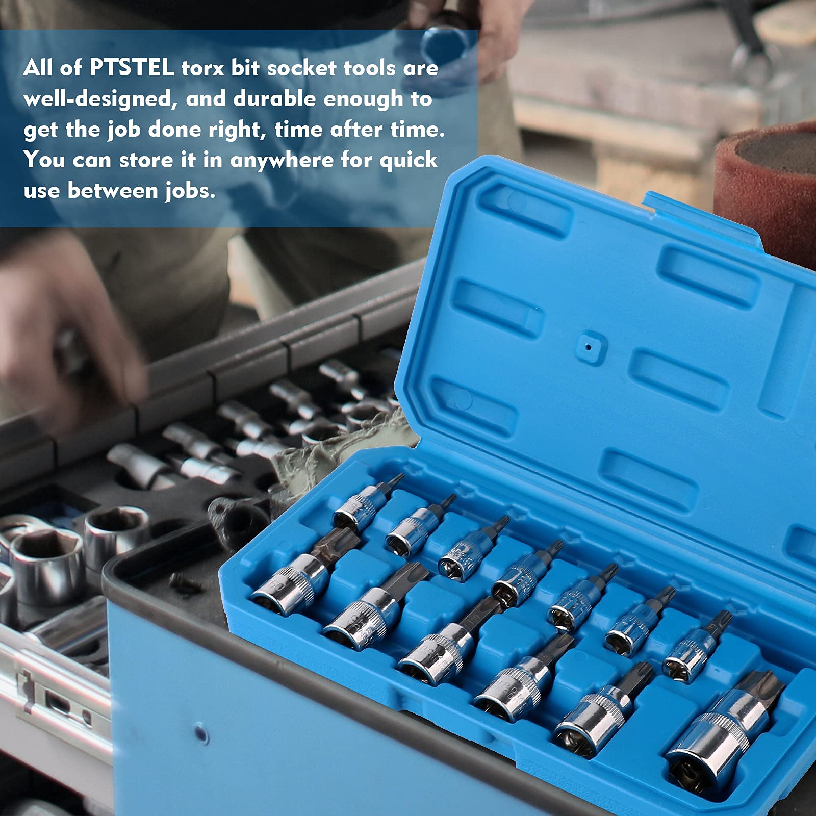 PTSTEL 13Pcs Torx Bit Socket Set T8-T70 CRV Star Sockets 1/4-inch, 3/8-inch & 1/2-inch Drive For Hand Use Work On Cars, Trucks, Appliances, Lawn Equipment, Machinery, and Other Jobs With Storage Case