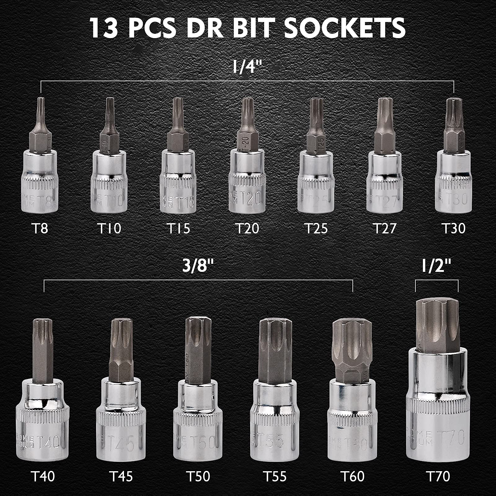 PTSTEL 13Pcs Torx Bit Socket Set T8-T70 CRV Star Sockets 1/4-inch, 3/8-inch & 1/2-inch Drive For Hand Use Work On Cars, Trucks, Appliances, Lawn Equipment, Machinery, and Other Jobs With Storage Case