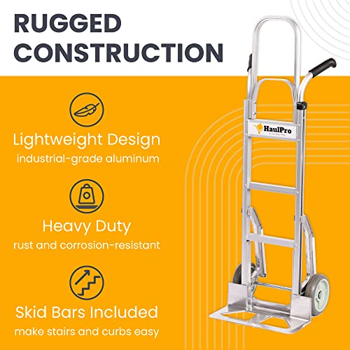 HaulPro Heavy Duty Hand Truck - Aluminum Dolly Cart for Moving - 500 Pound Capacity - 8" Rubber Wheels - 54" H x 18.5" W with 17.5 x 9 Nose Plate