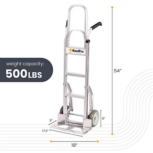 HaulPro Heavy Duty Hand Truck - Aluminum Dolly Cart for Moving - 500 Pound Capacity - 8" Rubber Wheels - 54" H x 18.5" W with 17.5 x 9 Nose Plate