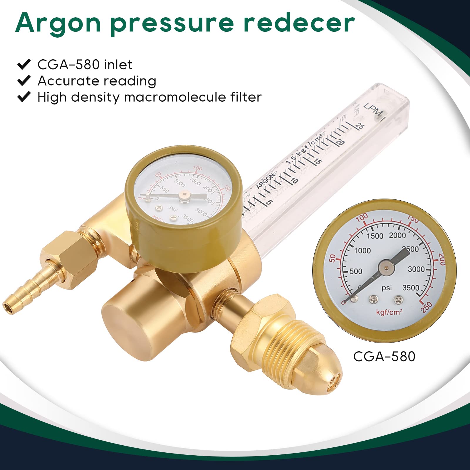 ATPEAM Argon Gas Regulator Flowmeter 0-25lpm CGA-580 for TIG Welder Machine Full Copper Gas Values Welding Accessory for Tig Welding machine