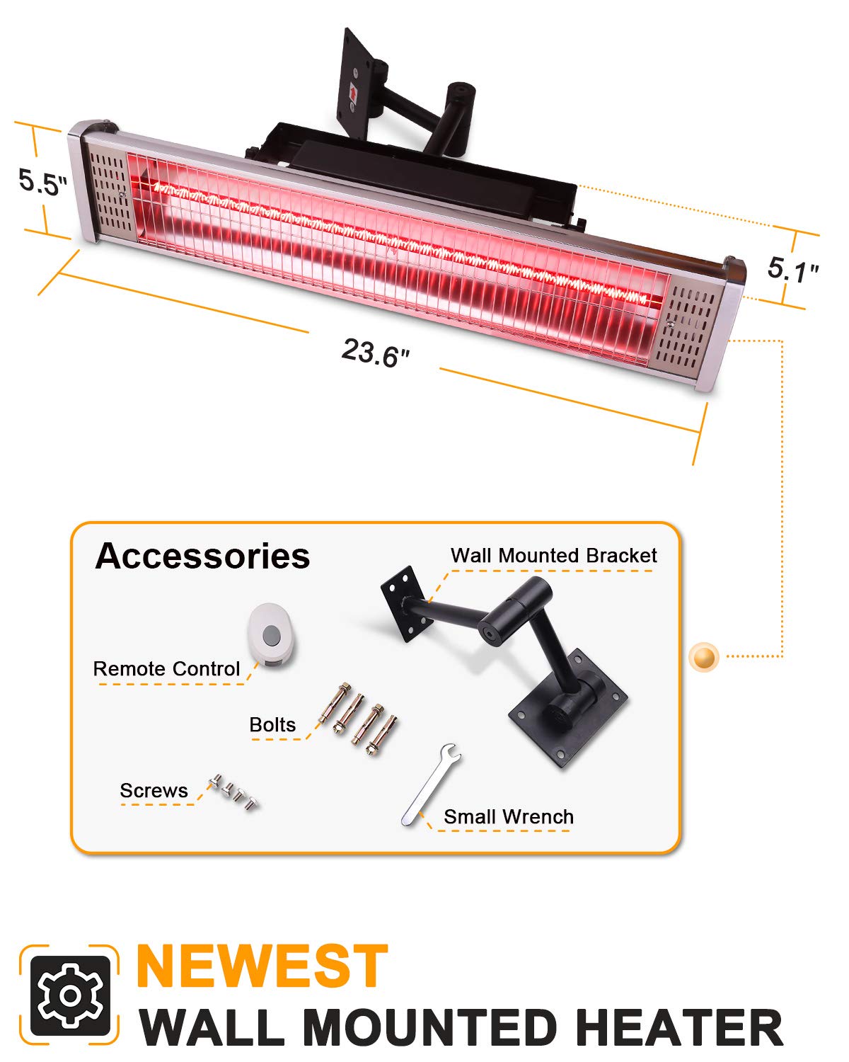 Star Patio Electric Patio Heater, Outdoor Heater with Remote and Touch Switch, 700W/800W/1500W Infrared Ceiling Heater with Black Finish, STP1520-FHC-RMLED N1