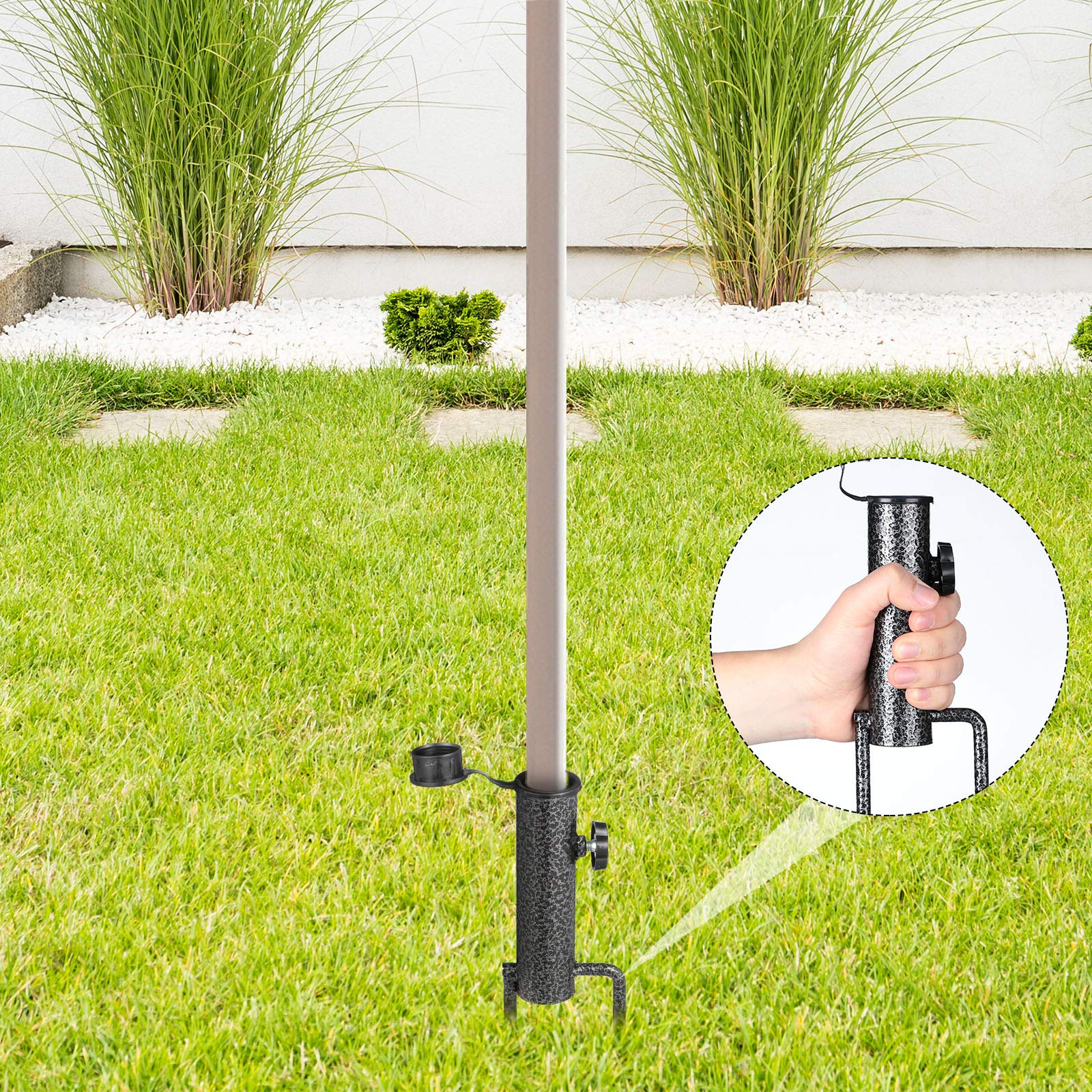 Hotop, Patio Umbrella Steel Stand Beach Umbrella Metal Ground Grass Screw Holder Stands with 2 Forks, Safe for Use (2 Pieces)