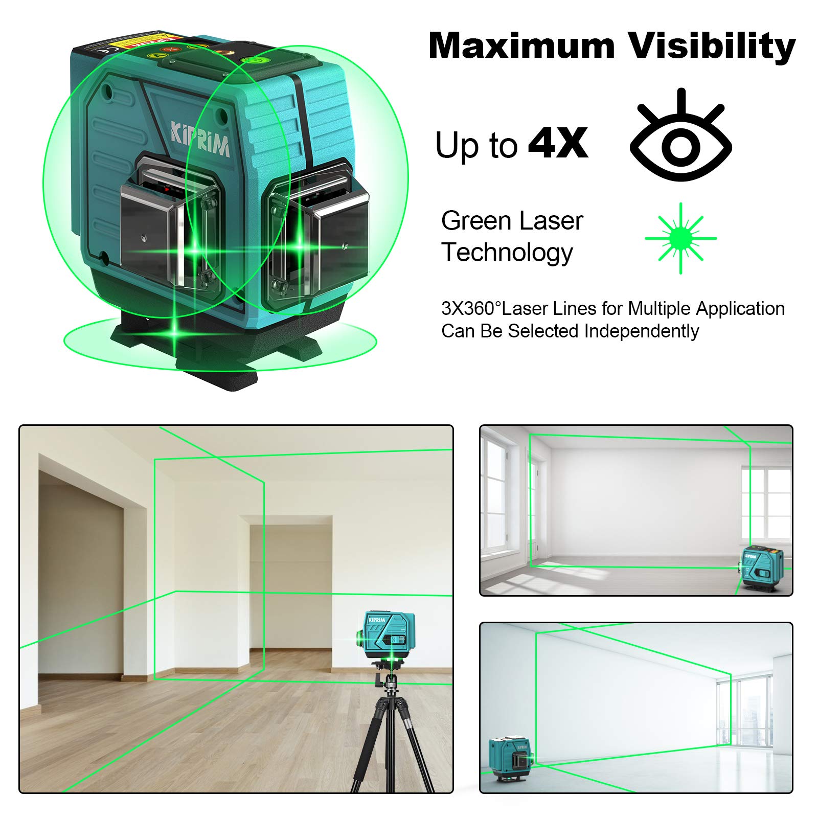 Kiprim 3x360° Green Laser Level Self-Leveling Tool 100ft for Construction Adjustbable Brightness, Remote Controller, Magnetic Rotating Stand,Portable Bag and Adapter Included