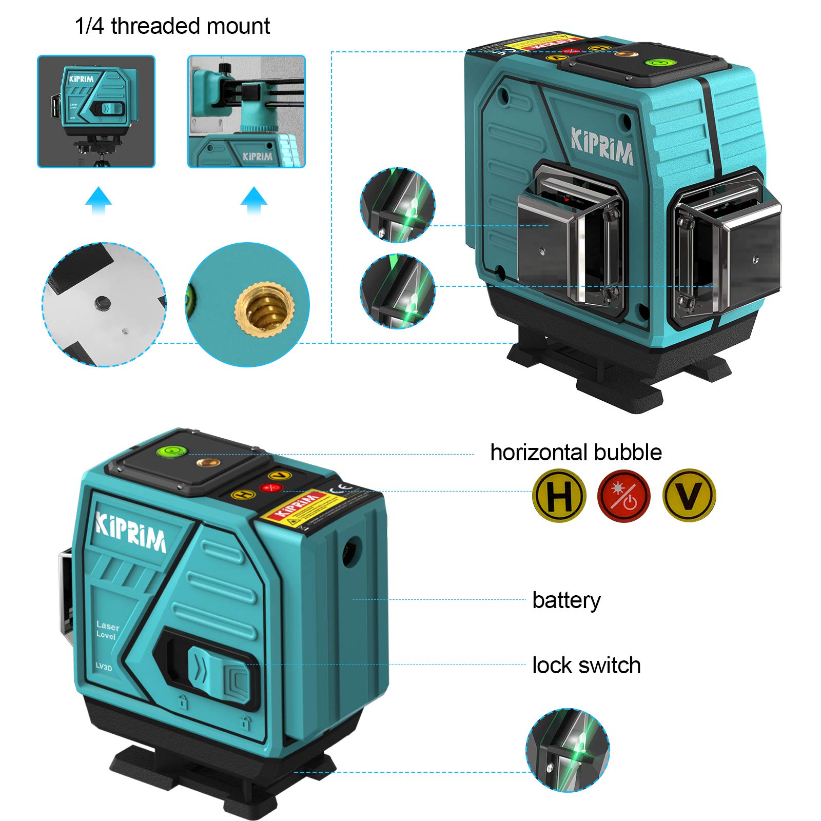 Kiprim 3x360° Green Laser Level Self-Leveling Tool 100ft for Construction Adjustbable Brightness, Remote Controller, Magnetic Rotating Stand,Portable Bag and Adapter Included