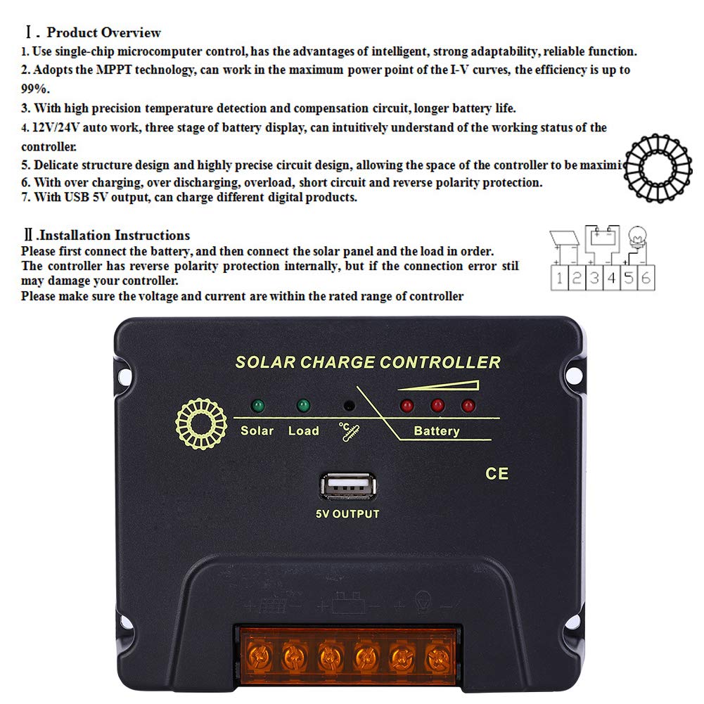 Jeanoko MPPT Solar Panel Regulator Power Generation Controller Intelligent Protection Regulator CPY Control Board for Digital Products 12V / 24V 10A