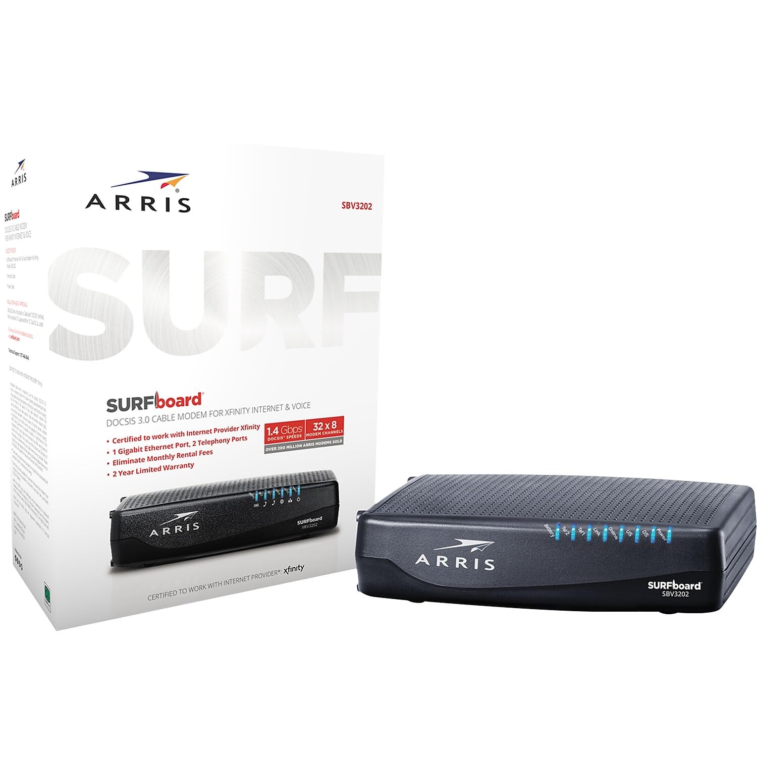 ARRlS Surfboard SBV3202 DOCSIS 3.0 Cable Modem, Certified for Xfinity Internet & Voice (Renewed)