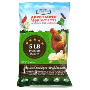 amzey appetizing mealworms 5 lbs- 100% non-gmo dried mealworms - large meal worms - high protein treats- perfect mealworm for chickens, ducks, turtles, blue birds, lizards - bag of mealworms 5 lbs