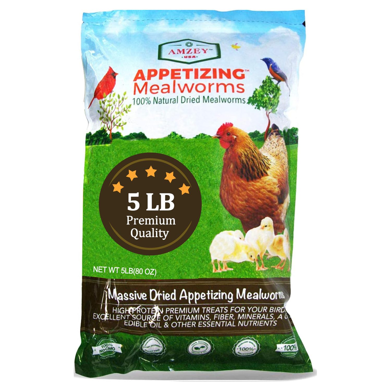 Amzey Appetizing Mealworms 5 LBS- 100% Non-GMO Dried Mealworms - Large Meal Worms - High Protein Treats- Perfect Mealworm for Chickens, Ducks, Turtles, Blue Birds, Lizards - Bag of Mealworms 5 LBS