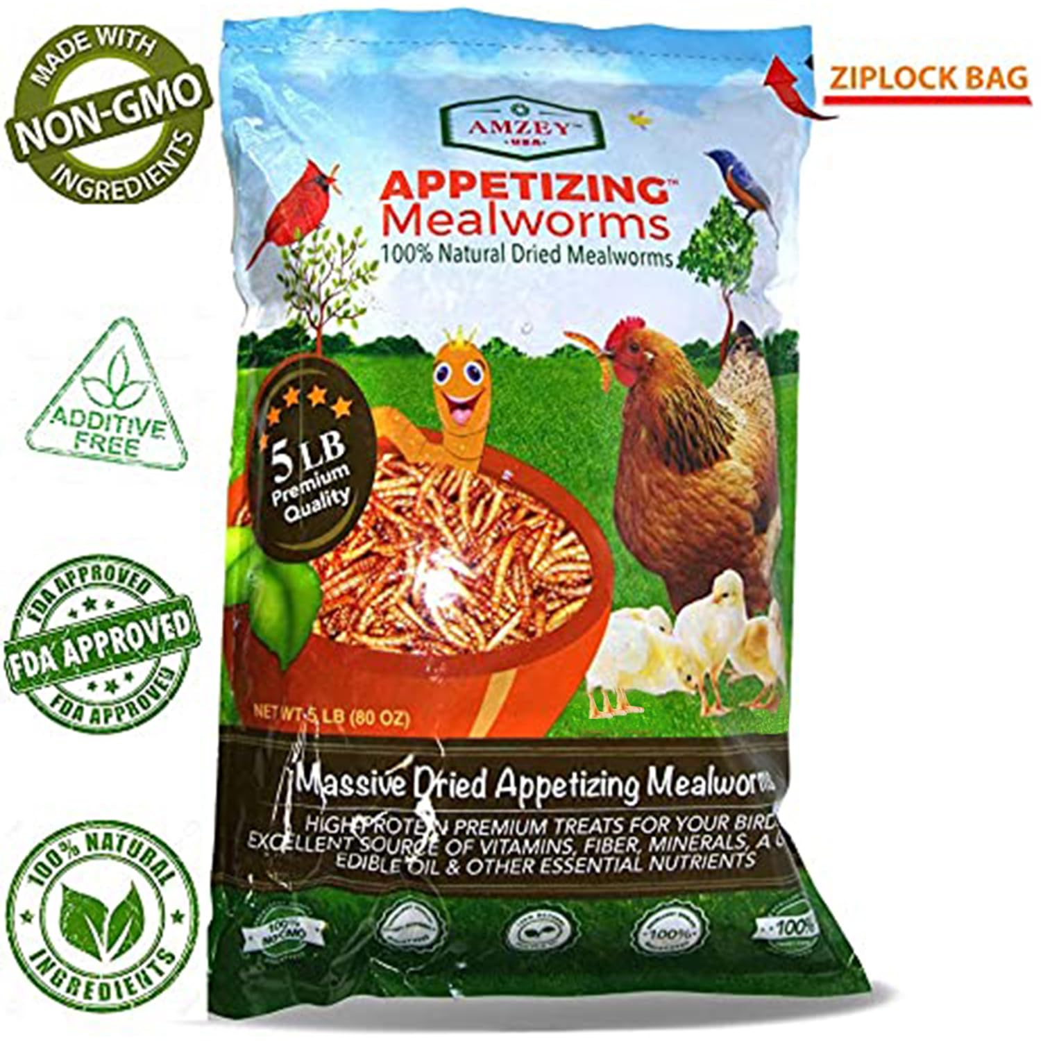 Amzey Appetizing Mealworms 5 LBS- 100% Non-GMO Dried Mealworms - Large Meal Worms - High Protein Treats- Perfect Mealworm for Chickens, Ducks, Turtles, Blue Birds, Lizards - Bag of Mealworms 5 LBS