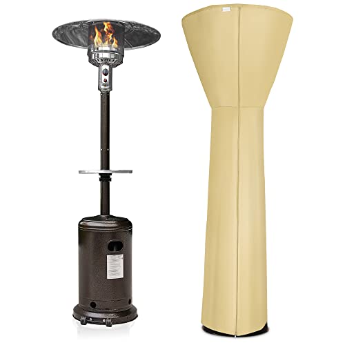 BELLEZE 48,000 BTU Gas Outdoor Patio Heater with LP Propane Heat, Wheels For Smooth Mobility & Double-Sided Waterproof Cover (Sand), CSA Certified - Bronze