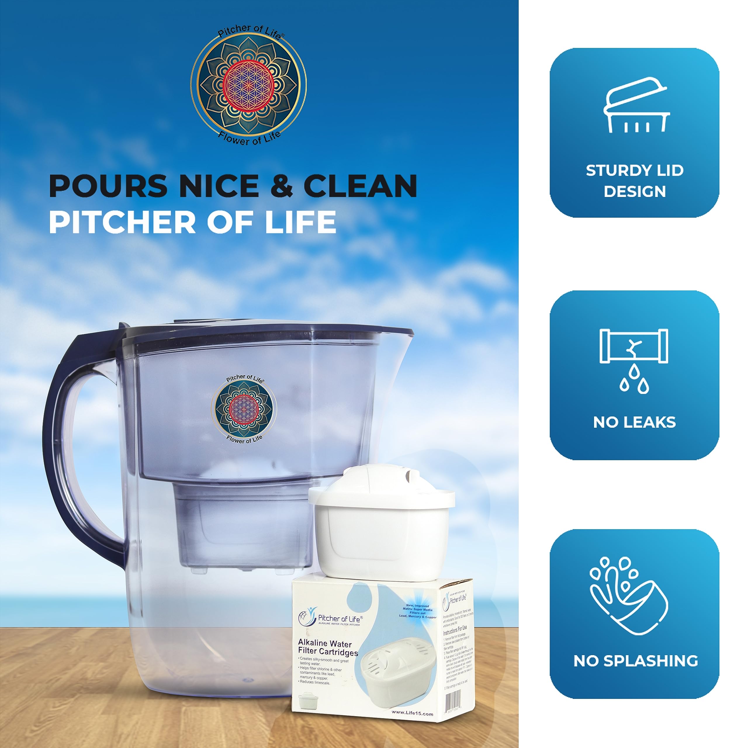 Life Ionizer Pitcher of Life 3.8L Alkaline Water Pitcher with 2L Filtering Capacity, 6 Stage Superior Filter Cartridge, BPA-Free, Eco-Friendly