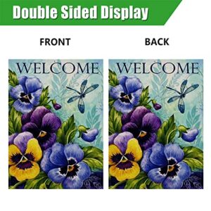 Furiaz Decorative Vintage Flower Welcome Spring Large House Flag Double Sided, Home Floral Burlap Pansies Dragonfly Outside Garden Yard Decoration, Summer Seasonal Outdoor Décor Flag 28 x 40