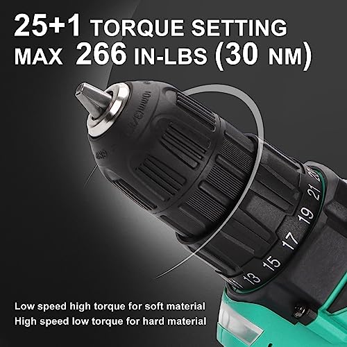 COMOWARE 20V Cordless Drill, Electric Power Drill Set with 1 Battery & Charger, 3/8” Keyless Chuck, 2 Variable Speed, 266 In-lb Torque, 25+1 Position and 34pcs Drill/Driver Bits