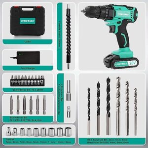 COMOWARE 20V Cordless Drill, Electric Power Drill Set with 1 Battery & Charger, 3/8” Keyless Chuck, 2 Variable Speed, 266 In-lb Torque, 25+1 Position and 34pcs Drill/Driver Bits