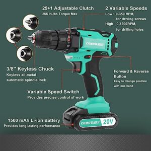 COMOWARE 20V Cordless Drill, Electric Power Drill Set with 1 Battery & Charger, 3/8” Keyless Chuck, 2 Variable Speed, 266 In-lb Torque, 25+1 Position and 34pcs Drill/Driver Bits