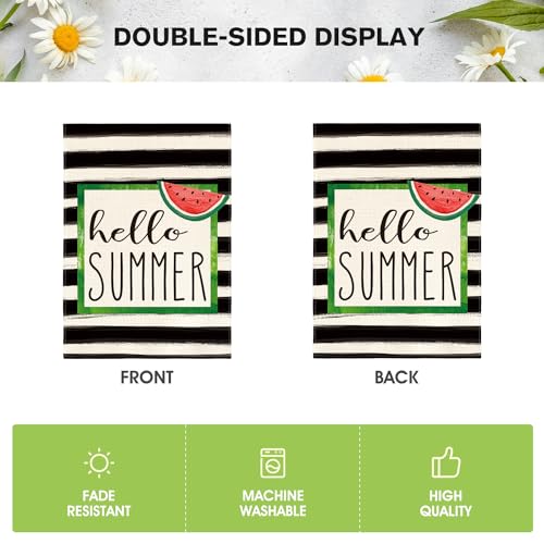 AVOIN colorlife Watercolor Stripes Hello Summer Watermelon Garden Flag Double Sided Outside, Holiday Party Yard Outdoor Decoration 12 x 18 Inch