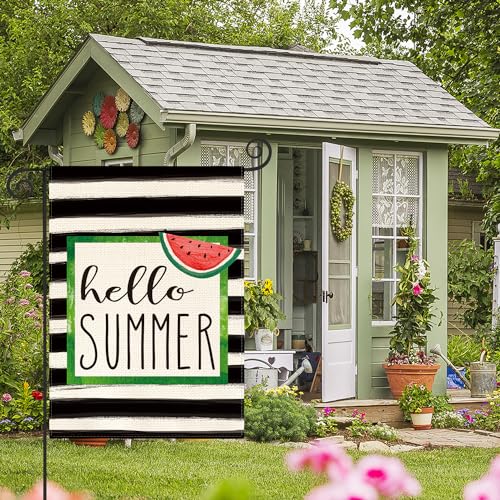 AVOIN colorlife Watercolor Stripes Hello Summer Watermelon Garden Flag Double Sided Outside, Holiday Party Yard Outdoor Decoration 12 x 18 Inch