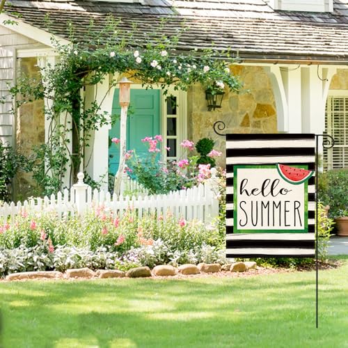 AVOIN colorlife Watercolor Stripes Hello Summer Watermelon Garden Flag Double Sided Outside, Holiday Party Yard Outdoor Decoration 12 x 18 Inch