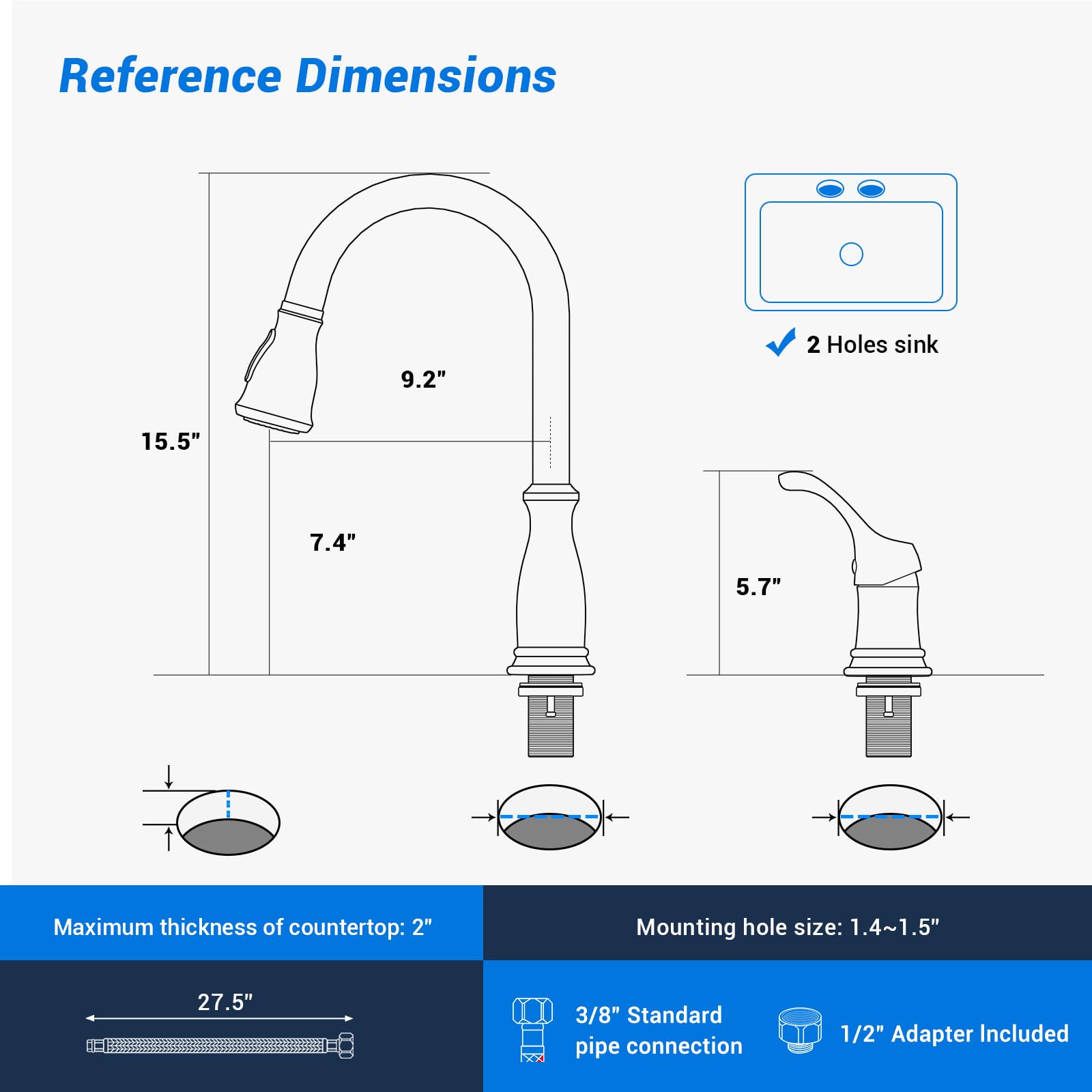 APPASO 2 Hole Kitchen Faucet with Pull Down Sprayer, Stainless Steel Brushed Nickel Commercial Kitchen Sink Faucet with Side Single Handle, APS278BN