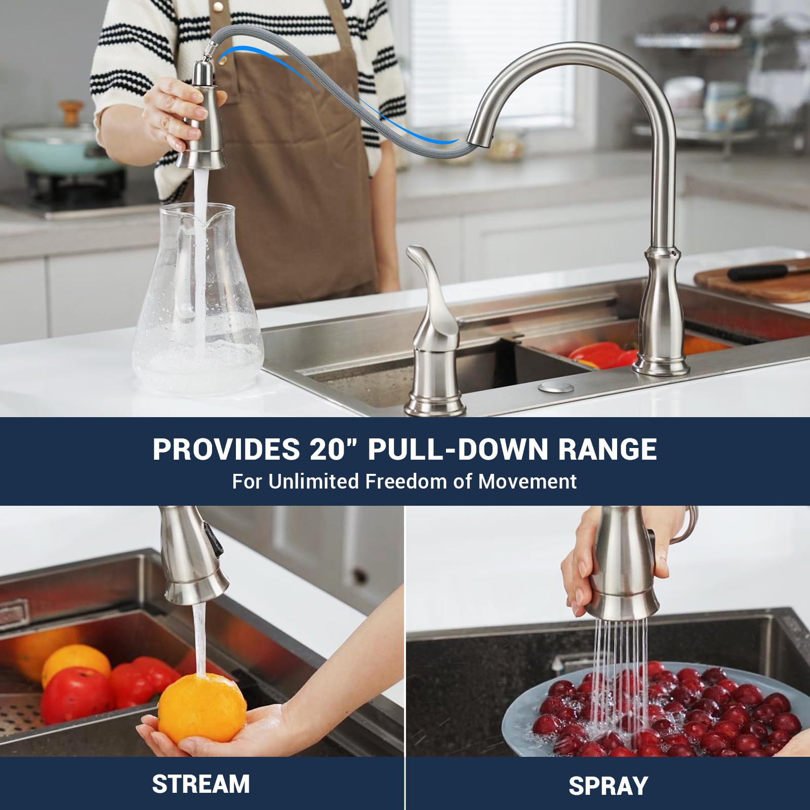 APPASO 2 Hole Kitchen Faucet with Pull Down Sprayer, Stainless Steel Brushed Nickel Commercial Kitchen Sink Faucet with Side Single Handle, APS278BN