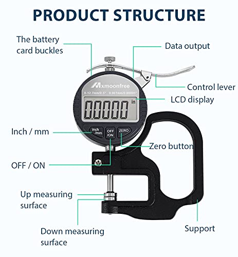 Mxmoonfree Digital Thickness Gauge 0.001mm/0.00005" | 0-12.7mm/0.5" Electronic Micrometer Thickness Meter with LCD Display, Unit Conversion, Storage Case, Extra Battery