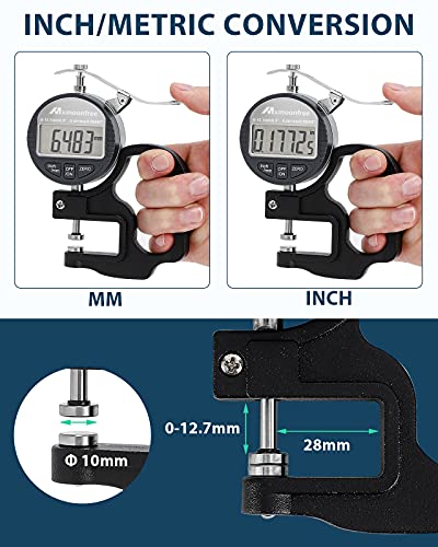 Mxmoonfree Digital Thickness Gauge 0.001mm/0.00005" | 0-12.7mm/0.5" Electronic Micrometer Thickness Meter with LCD Display, Unit Conversion, Storage Case, Extra Battery