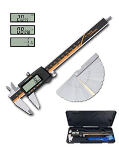 digital caliper, rofmaple 6" calipers measuring tool with 32 blades steel feeler gauge, dual marked metric and imperial, inch millimeter and fraction conversion, large lcd screen, auto-off feature
