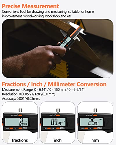 Digital Caliper, ROFMAPLE 6" Calipers Measuring Tool with 32 Blades Steel Feeler Gauge, Dual Marked Metric and Imperial, Inch Millimeter and Fraction Conversion, Large LCD Screen, Auto-Off Feature