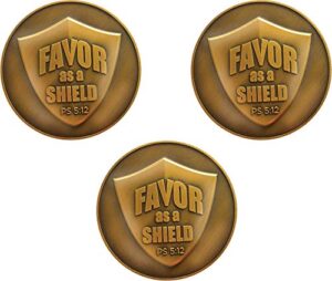 you are the lord's favored, bulk pack of 3 religious pocket tokens of prayer and faith, antique gold-color plated christian challenge coins, inspirational psalm 5:12 church handout gifts