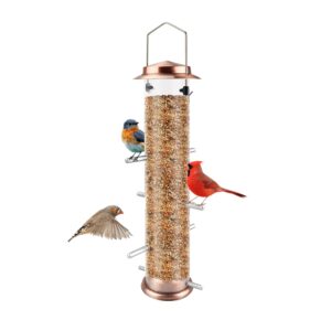 mixxidea finch bird feeder hanging metal thistle seed feeder with 8 feeding ports nyger seed feeder, goldfinch feeder for outdoors garden copper