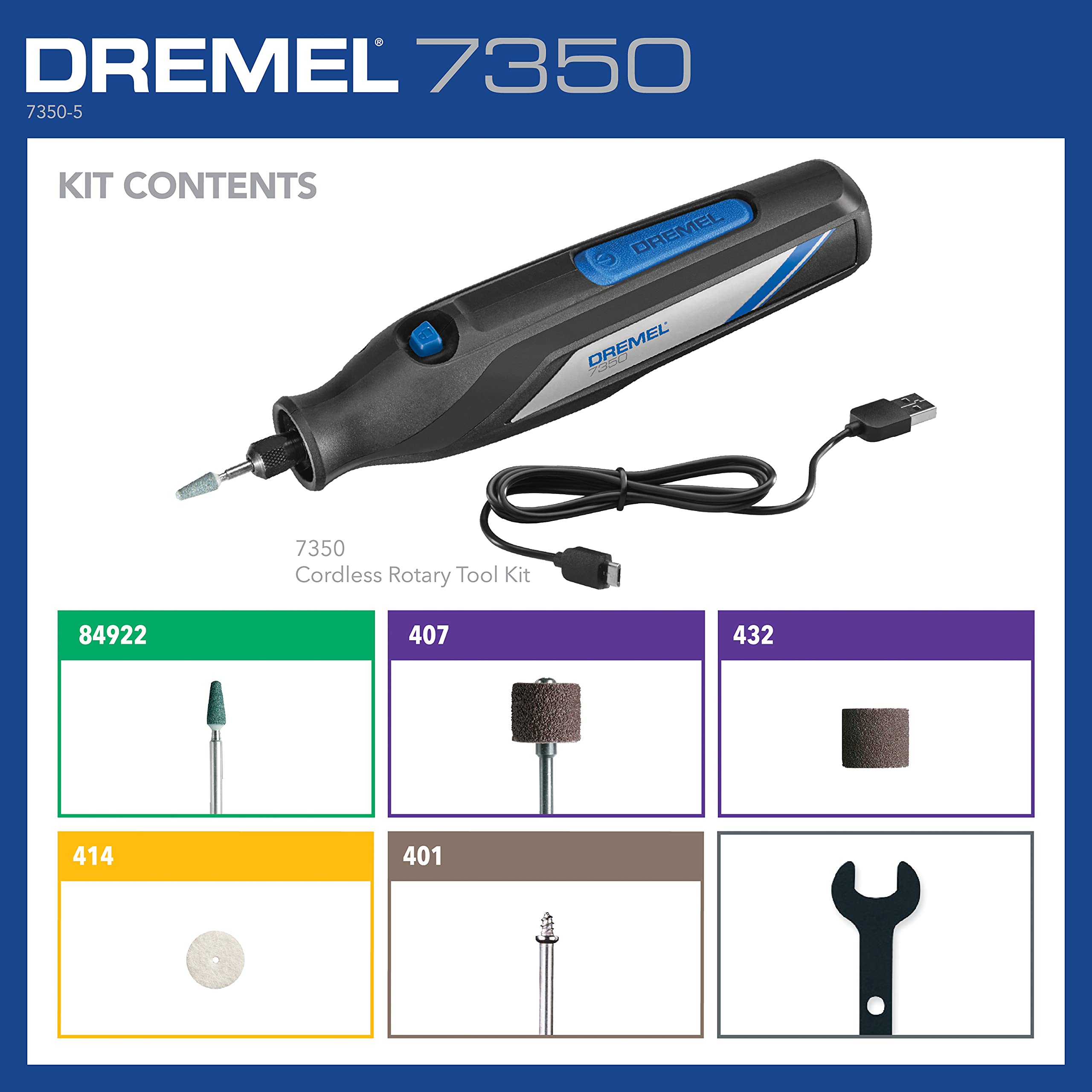 Dremel 7350-5 Cordless Rotary Tool Kit, Includes 4V Li-ion Battery and 5 Rotary Tool Accessories - Ideal for Light DIY Projects and Precision Work