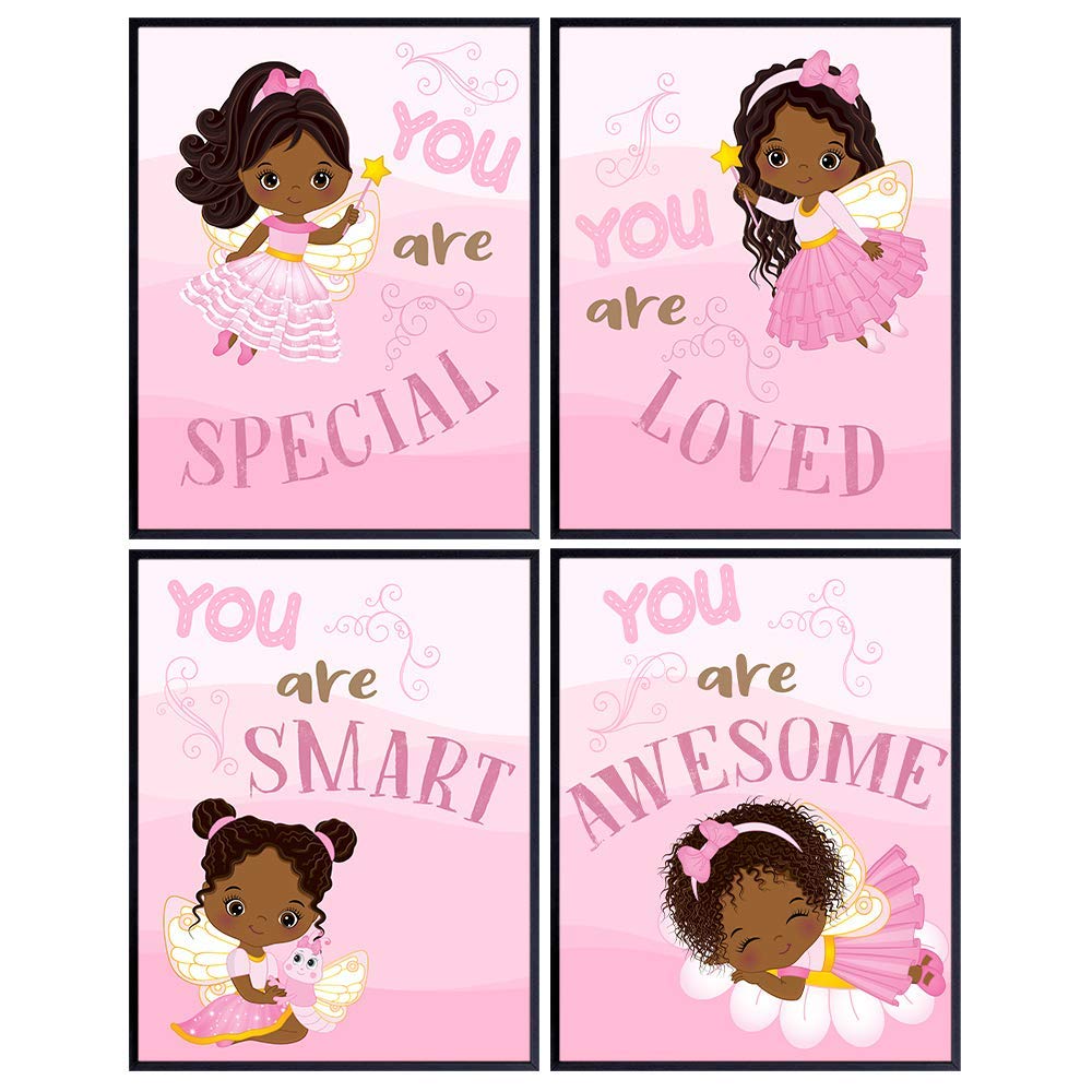 African American Girl Wall Art - Black Girls Wall Decor - Toddler, Little Girls Bedroom Decor - Cute Princess Wall Decor - Daughter Gifts - Pink Girls Room Decor Baby Girl Room Decorations