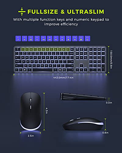 Backlit Wireless Keyboard and Mouse Combo, seenda Rechargeable 2.4G USB Cordless Illuminated Keyboard & Mouse, Ultra Slim Full Size Computer Keyboard and Mouse for Windows 7/8/10 Laptop Desktop PC