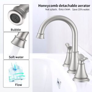 2-Handle 8 inch Widespread Bathroom Sink Faucet Brushed Nickel Lavatory Faucet 3 Hole 360° Swivel Spout Vanity Sink Basin Faucets with Pop Up Drain Assembly and cUPC Water Supply Hoses