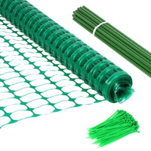 temporary garden fence, snow fence, plastic safety fence 4’ x100’ with 25 steel fence stakes & zip ties –temporary fencing,plastic netting mesh barrier for dogs chickens, small animal and plants