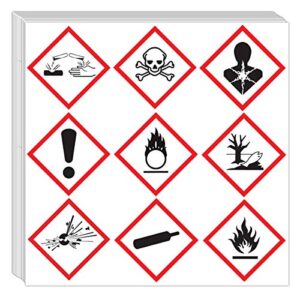 ghs batch pictogram stickers labels , osha compliant, 2" x 2" safety decal sticker,corrosion, environment, exclamation mark, exploding bomb, skull & crossbones,health hazard ,flame, flame o (504 pcs)