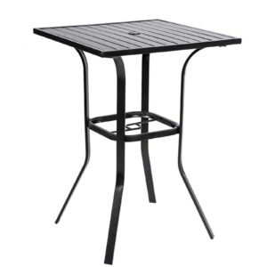 betterland patio bar table, outdoor square bar height table metal bar bistro table, metal frame & slat tabletop with 1.57" umbrella hole