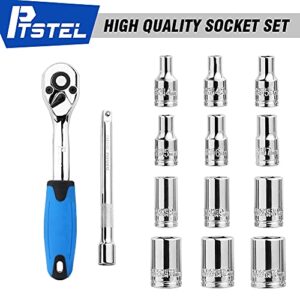 PTSTEL 14 Pieces Socket Wrench Kit, 1/4” Drive Socket Set with 72 Teeth Release Ratchet Wrench and Extension Bar, CR-V Sockets