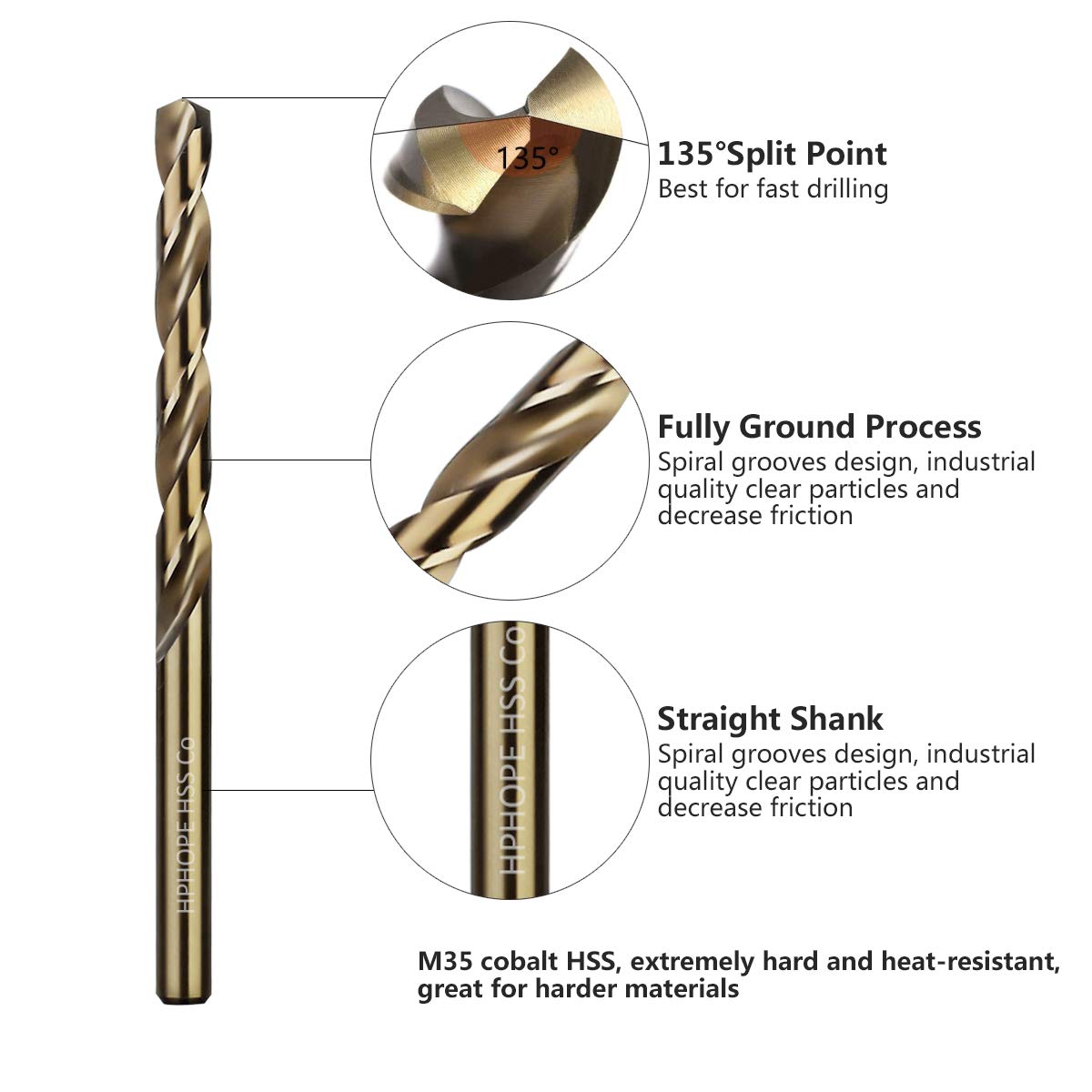 3/8 Inch Cobalt Drill Bits(5Pcs), HPHOPE M35 HSS Metal Twist Drill Bits Set, Jobber Drill Bits Length and Straight Shank, Suitable for Drilling in Hard Metal, Stainless Steel, Cast Iron