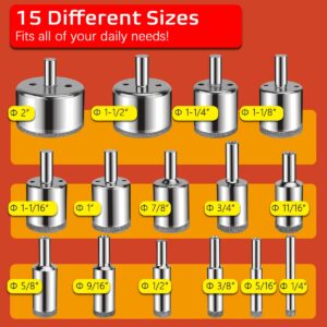 Rokrou Diamond Hole Saw Set 15 PCS Tile Hole Saw Kit with Drill Guide from 6mm-50mm /1/4‘’- 2” for Ceramic,Glass,Porcelain,Marble