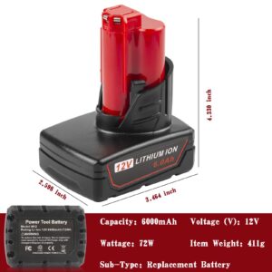 HIGH QUALITY FUTUREBATT FUTUREBATT [2Pack Battery Replacement for Milwaukee M12 Lithium 6.0Ah (6000mAh) 12V Battery Upgraded Power Tools 48-11-2420 48-11-2410 48-11-2411 48-11-2401 48-11-2402