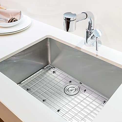 LQS Kitchen Sink Grid, Sink Protectors for Kitchen Sink 28 3/8" x 15 3/8" with Rear Drain Hole for Single Sink Bowl, Stainless Steel Sink Grate, Sink Protector, Sink Bottom Grid