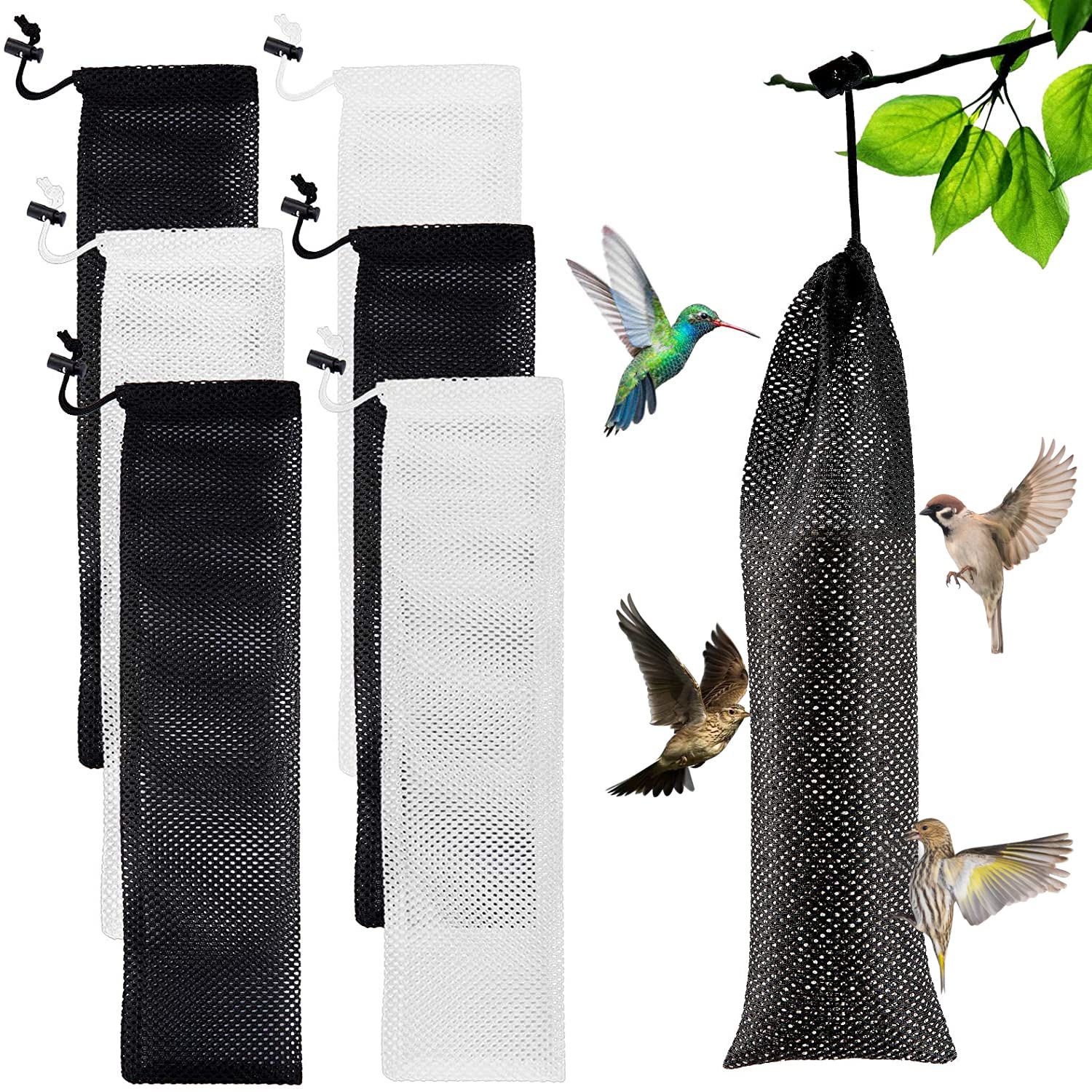 MEWTOGO 6 Pcs Wild Bird Food Finch Sock Feeder Kits - Thistle Seed Sacks with Food Grade Foldable Funnels, Wild Bird Food Supply Tools for Wildlife Goldfinch Feeding (3.9" x 15.7")