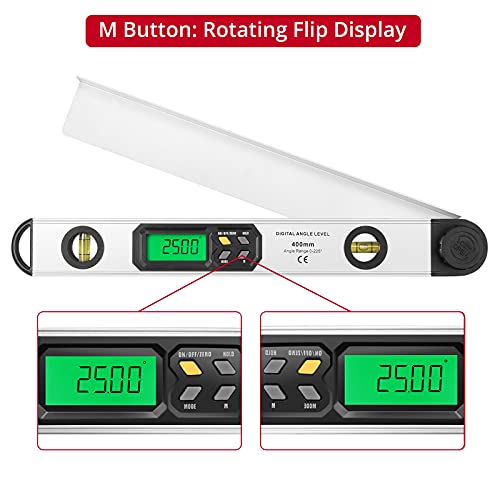 16 inch/40cm Aluminum Digital Angle Finder Built-in Bubble Vials, XUNTOP Digital Protractor 0-225° with Large Backlit Display Ideal for Interior Designer Carpenter Woodworker