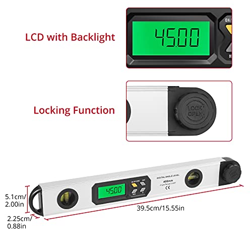 16 inch/40cm Aluminum Digital Angle Finder Built-in Bubble Vials, XUNTOP Digital Protractor 0-225° with Large Backlit Display Ideal for Interior Designer Carpenter Woodworker